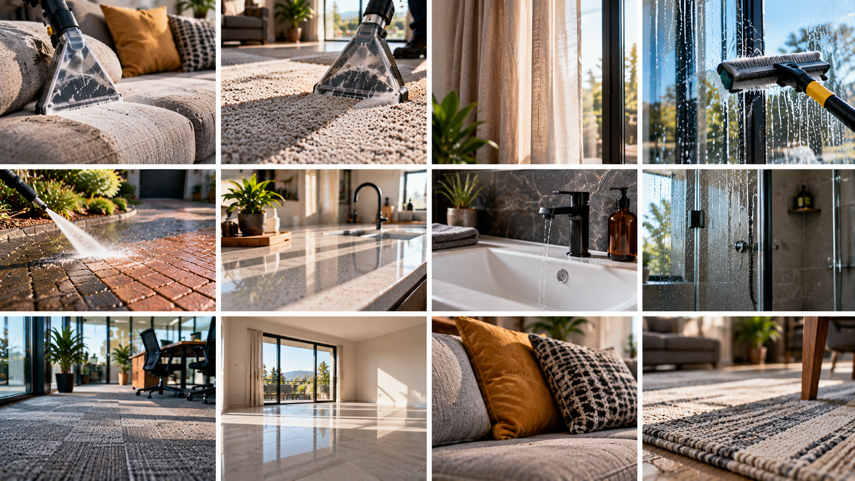 Collage of upholstery, carpet, curtain, window, paving and interior cleaning details