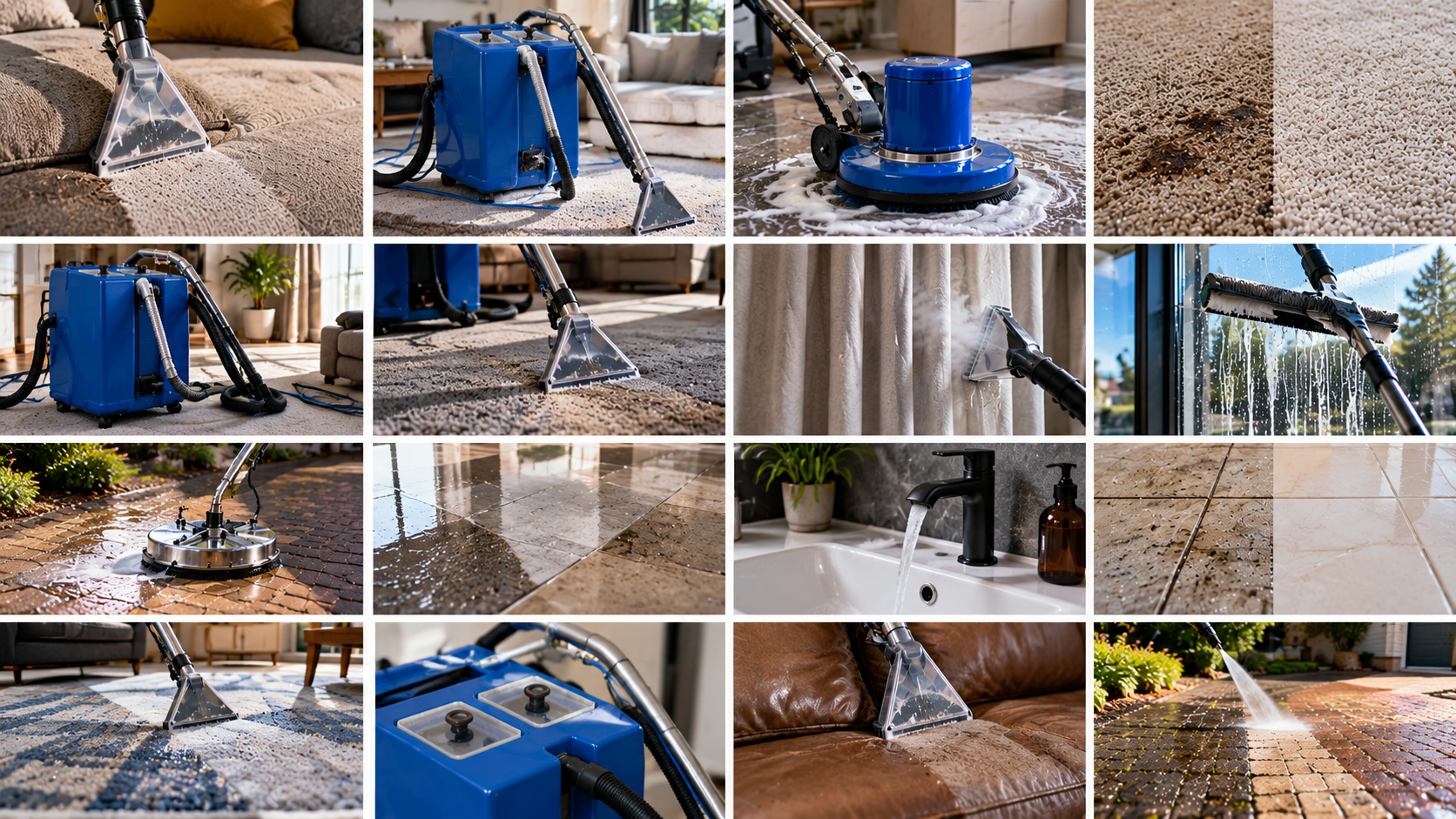 Collage showing cleaning equipment working on carpets, paving and interior surfaces